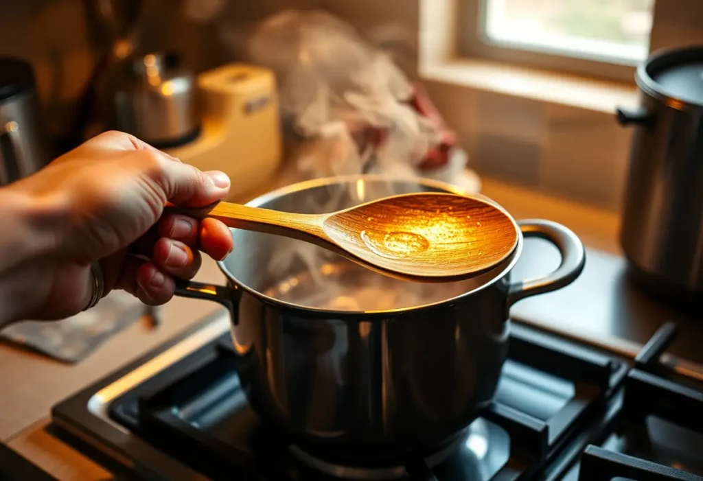 Une main tenant une cuillère en bois au-dessus d'une casserole bouillonnante, éclairage naturel du fourneau, photographie éditoriale, lumière naturelle