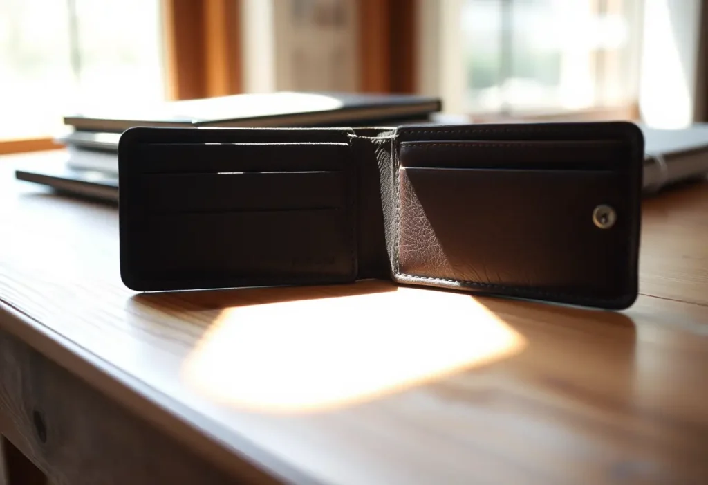 Un portefeuil en cuir posé sur un bureau, éclairé par la lumière du jour