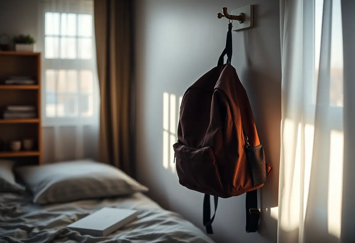 Une chambre accueillante avec un sac à dos accroché, éclairée par la lumière du matin