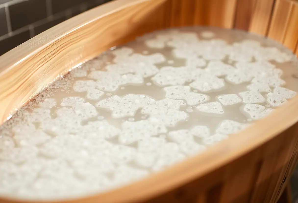 Bain en bois rempli de sel de bain parfumé, rappelant le bien-être et la détente