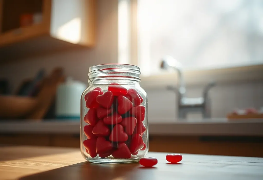 Un pot en verre rempli de bonbons en forme de cœur, posé sur un comptoir de cuisine, sous la lumière du soleil qui entre par la fenêtre