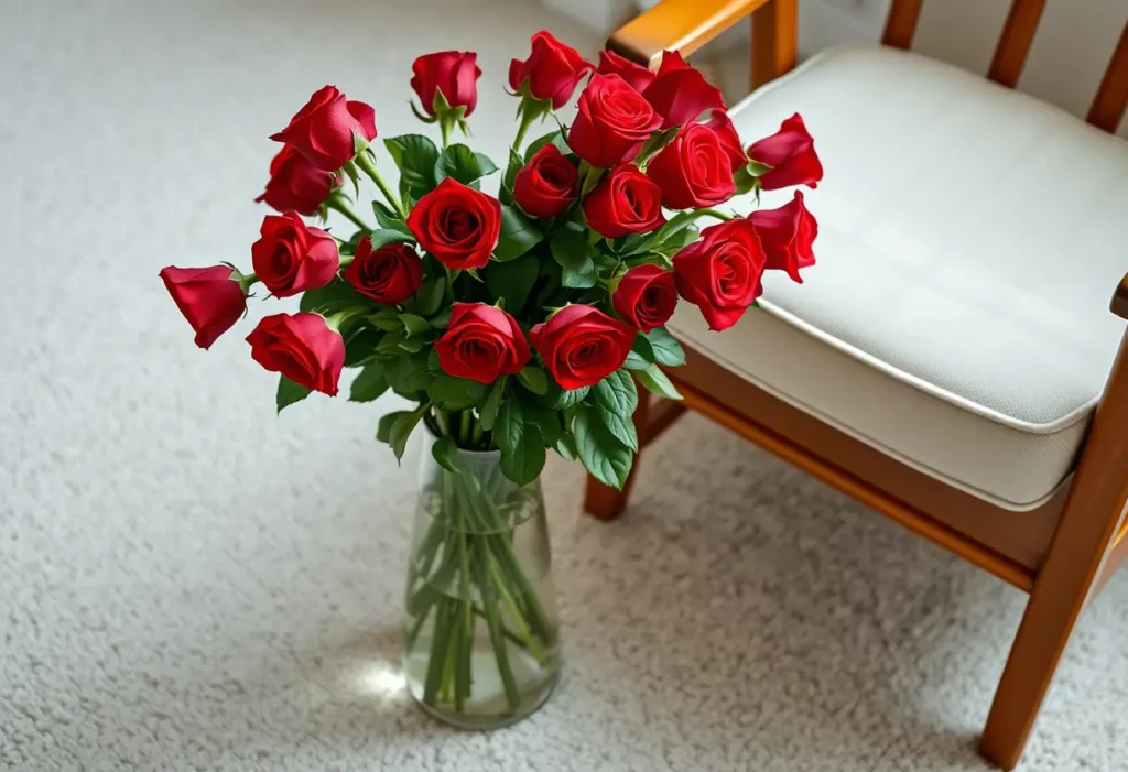 Un vase de roses rouges fraîches sur un tapis blanc près d'un fauteuil en bois