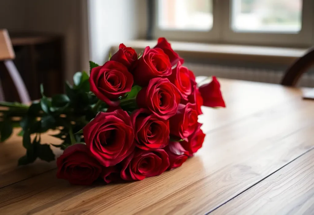 Bouquet de roses rouges sur une table de salle à manger, éclairées par une lumière tamisée, symbolisant l'amour et la Saint-Valentin