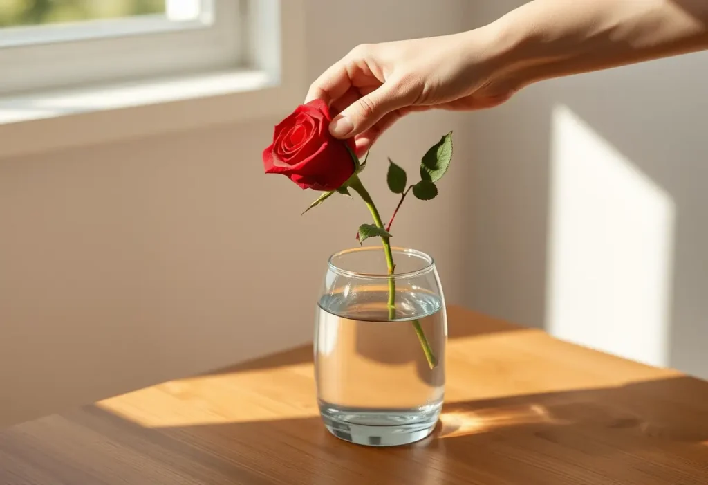 Une main pose une seule rose rouge dans un vase en verre transparent posé sur une table en bois