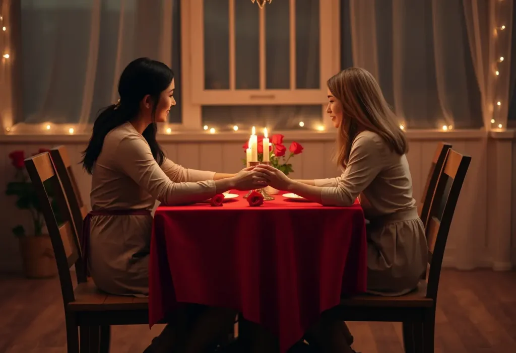 Un couple partage un dîner aux chandelles, entouré de roses, sans montrer leurs visages, évoquant l'amour et la Saint-Valentin