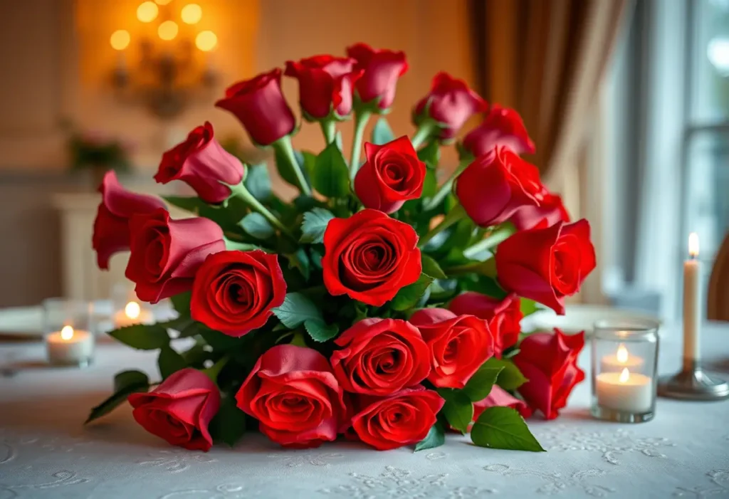 Bouquet de roses rouges sur une table avec des bougies allumées, ambiance romantique pour la Saint-Valentin