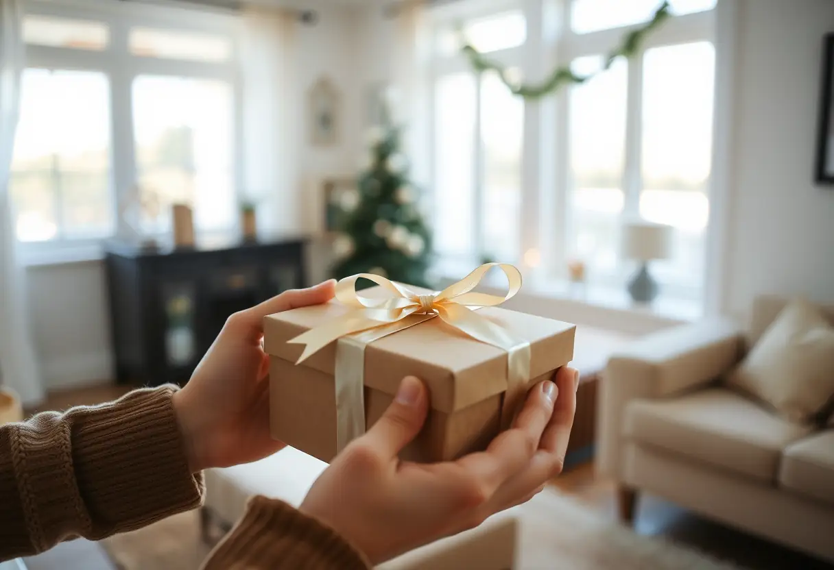 Mains enveloppant délicatement un cadeau avec un ruban dans un salon accueillant, lumière naturelle pour la Saint-Valentin