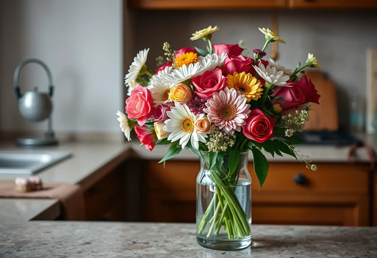 Un bouquet de fleurs dans un vase de verre sur un meuble de cuisine, symbolisant la diversité de l'amour pour la Saint-Valentin