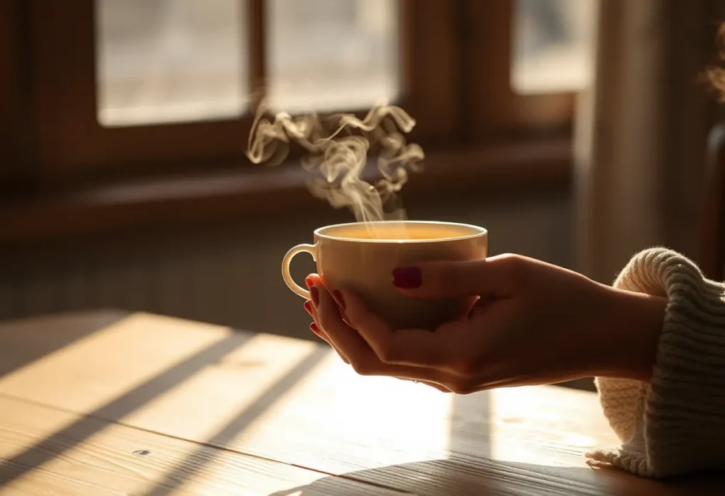 Une main tenant une tasse de thé herboriste, avec la brume qui se dégage légèrement