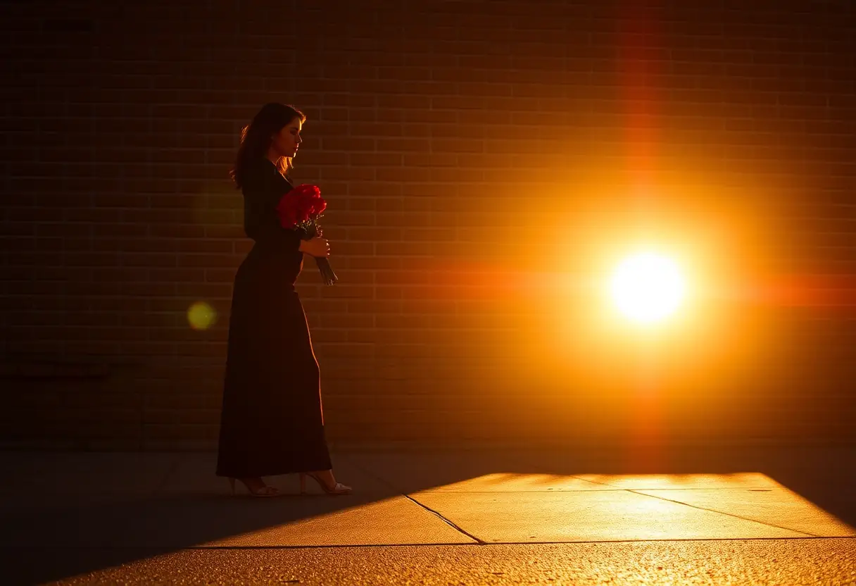 Un profil d'une femme debout contre un mur en brique, tenant un bouquet de roses rouges, avec les ombres qui s'allongent au crépuscule
