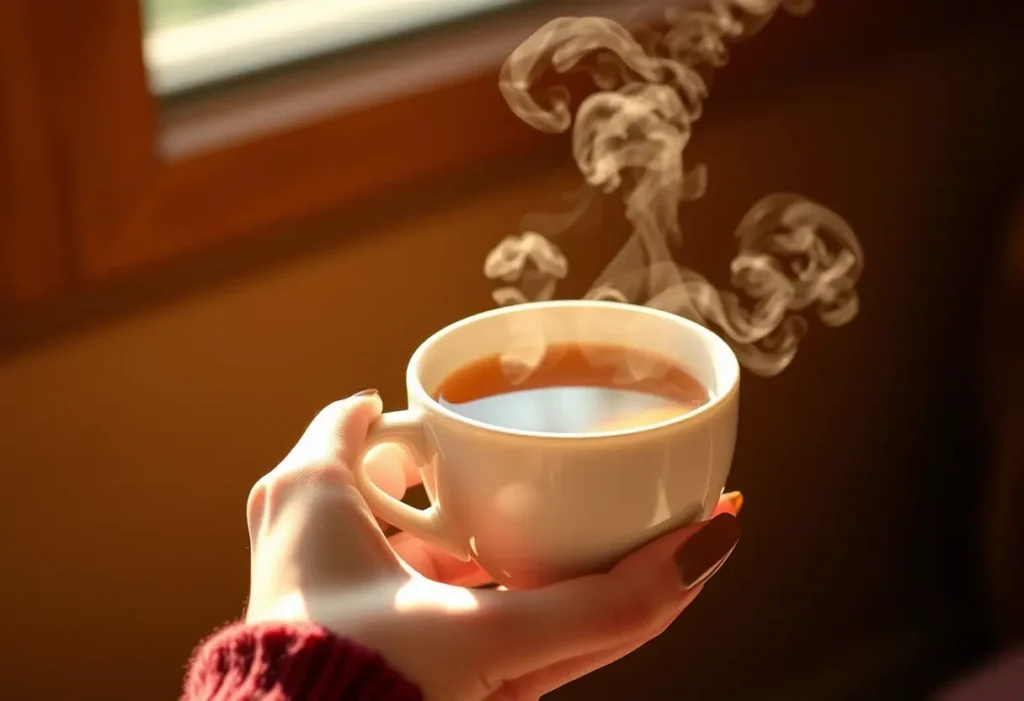 Une main tenant une tasse de thé herbagère, évoquant apaisement et bien-être.
