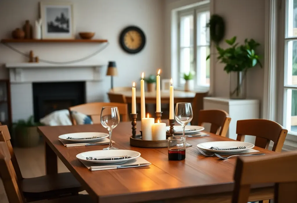 Un couvert romantique pour deux personnes, éclairé par des bougies sur une table en bois, dans une maison accueillante.