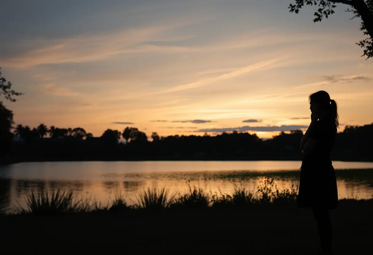 Un profil d'une femme dans un parc au crépuscule, contemplant un lac où se reflète la lumière dorée du soir.