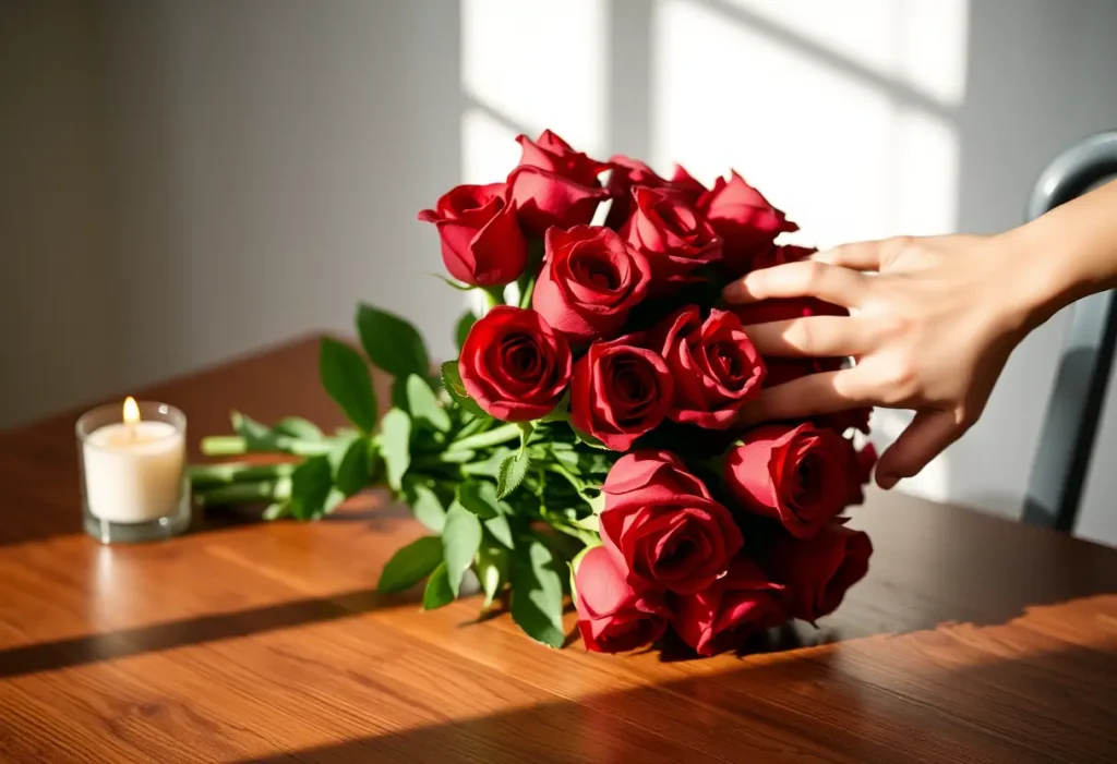 Bouquet de roses rouges sur une table de salle à manger, mains qui caressent les pétales