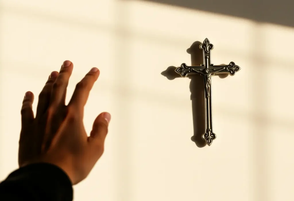 Une main tendue vers une croix en argent accrochée au mur