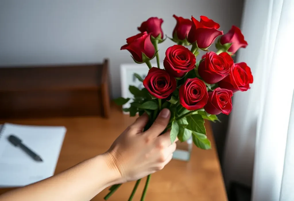 Une main féminine tenant un bouquet de roses rouges sur un bureau en bois, Saint-Valentin