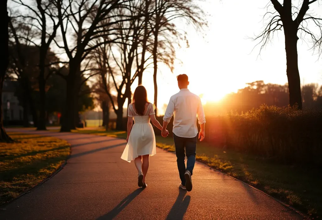 Un couple tient la main dans un parc au coucher du soleil, la chaleur de la journée se reflète.