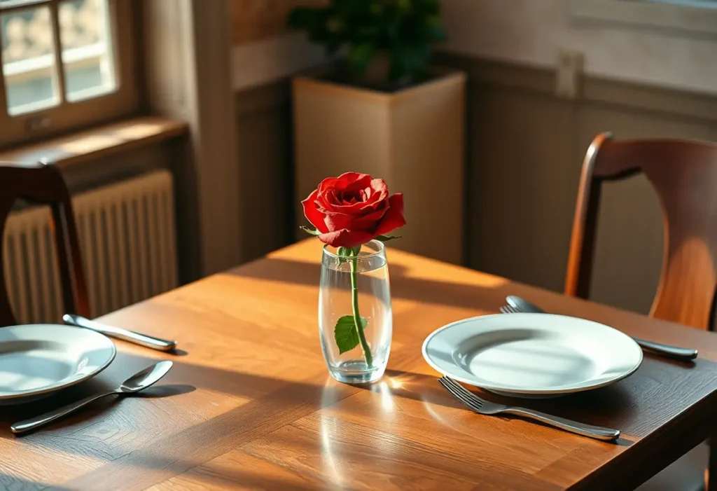 Table dressée pour deux avec une rose rouge, évoquant la Saint-Valentin