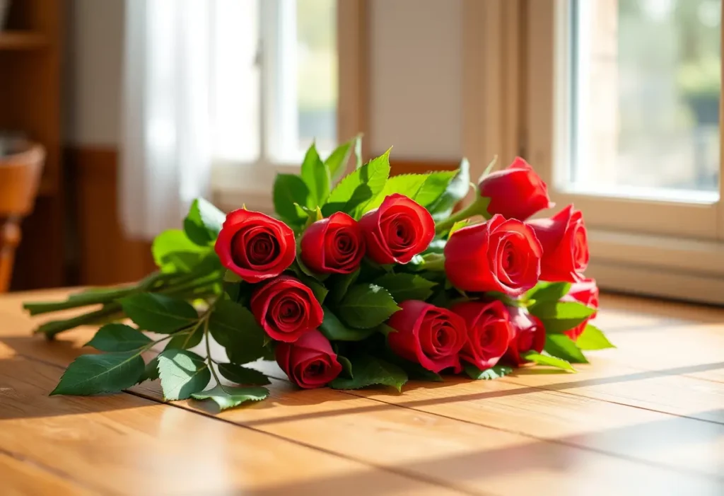 Bouquet de roses rouges sur une table, évoquant les gestes d'affection de la Saint-Valentin