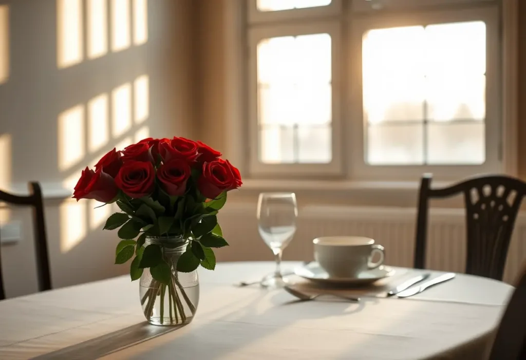 Un bouquet de roses rouges sur une table dressée pour deux personnes, éclairée par la lumière du soir.