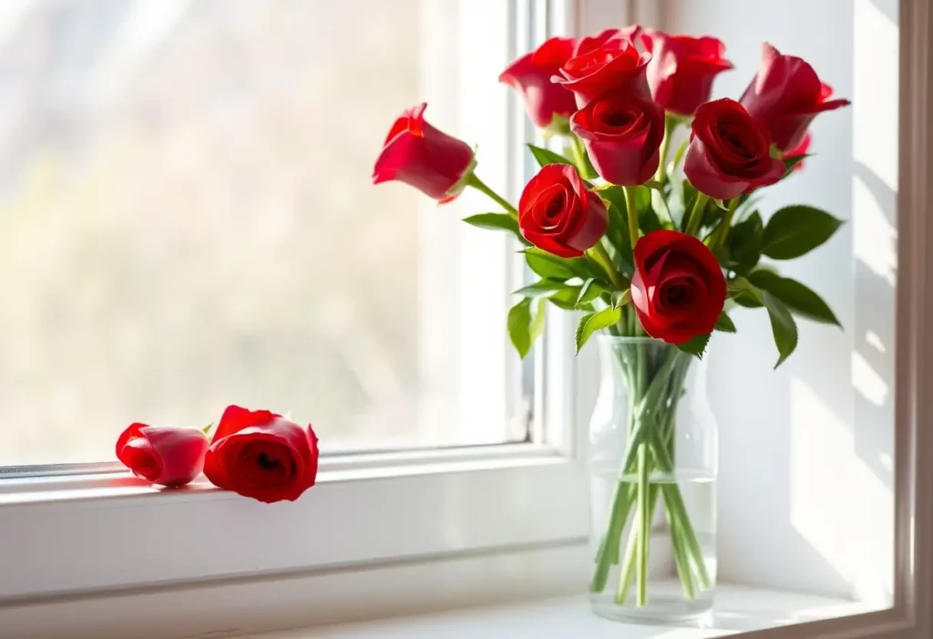 Un vase rempli de roses rouges sur un rebord de fenêtre éclairé par la lumière du soleil