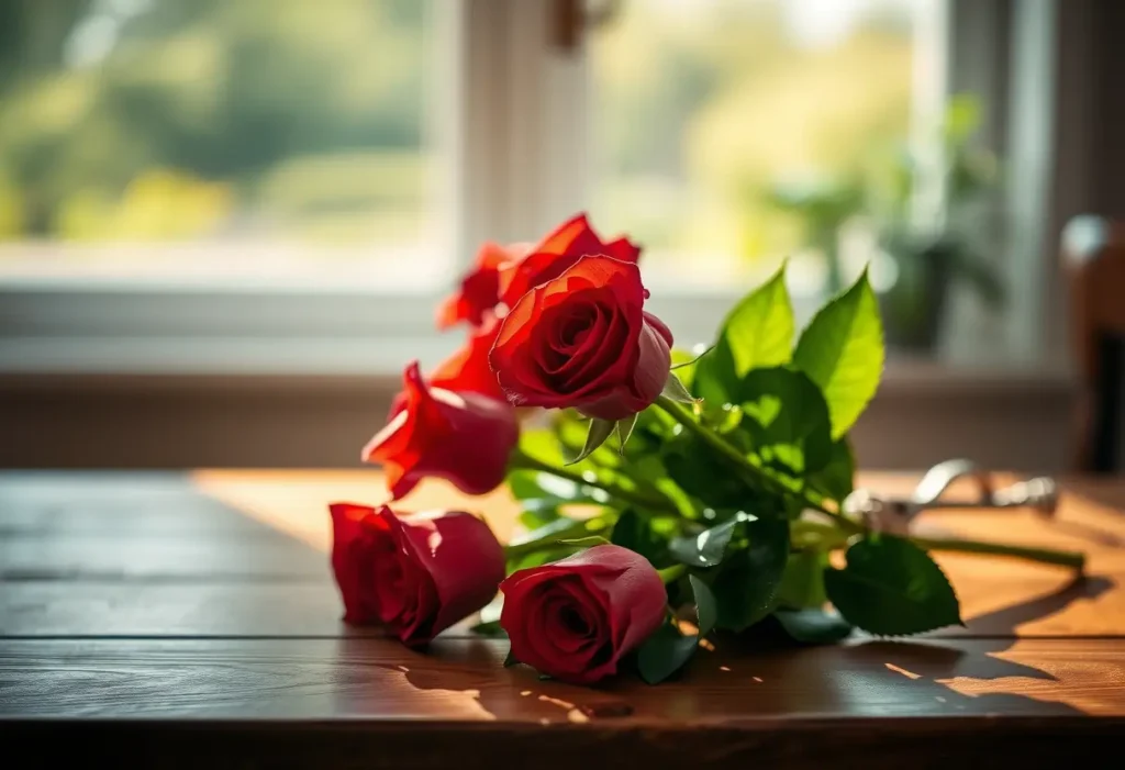 Bouquet de roses rouges sur une table en bois, éclairées par la lumière naturelle, évoquant la Saint-Valentin