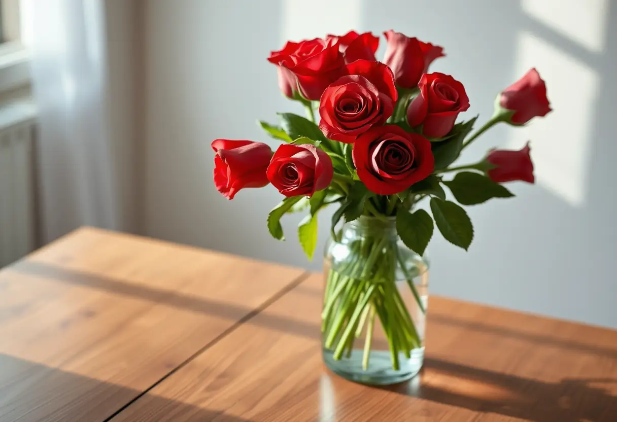Un vase rempli de roses rouges sur une table en bois, symbolisant l'amour et la Saint-Valentin