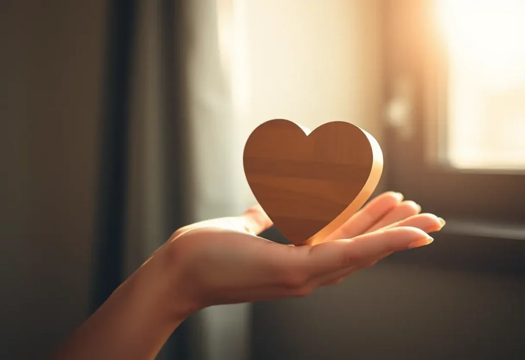 Une main féminine tenant une boîte en bois avec forme de cœur