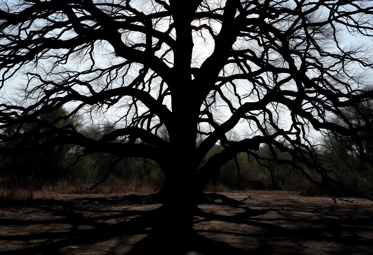 Un silhouettage de personne près d'un grand arbre ancien