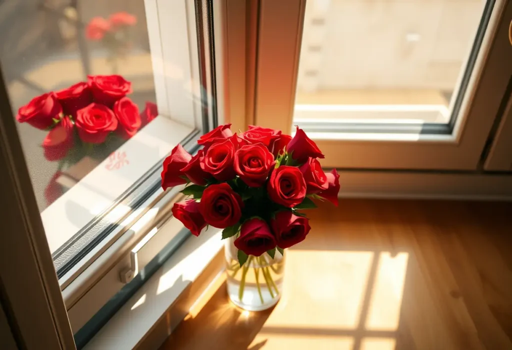 Un vase de roses rouges sur un rebord de fenêtre, la lumière chaude projette des ombres sur le sol en bois.