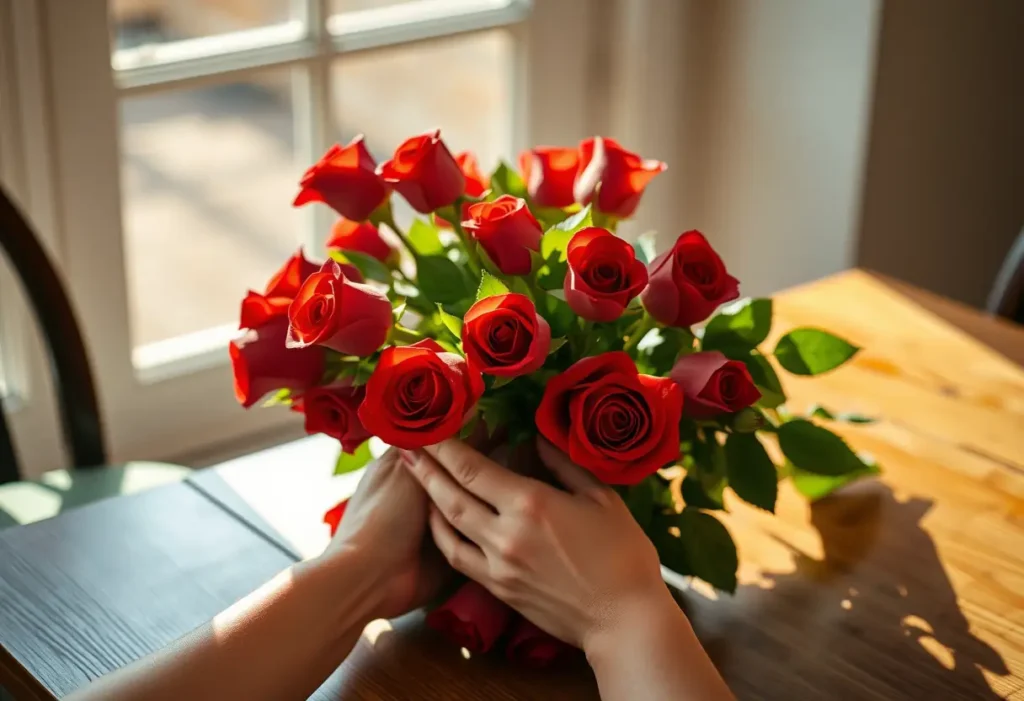Bouquet de roses rouges sur une table de salle à manger, mains arrangeant délicatement les fleurs, lumière naturelle