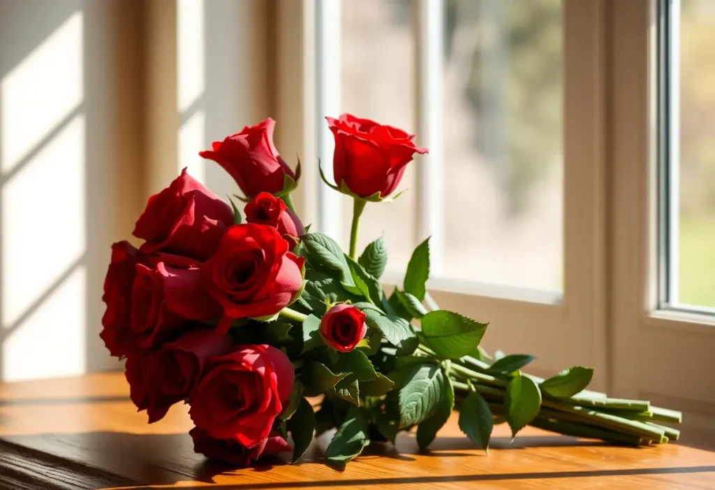 Un bouquet de roses rouges sur une table en bois, éclairé par la lumière naturelle, rappelant la Saint-Valentin