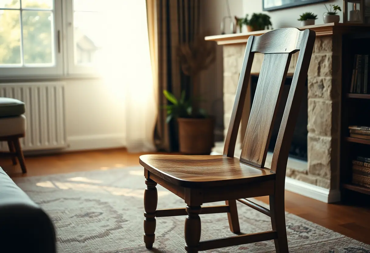Une chaise en bois dans un salon accueillant, éclairée par la lumière du jour, symbolisant le confort et la tradition de la Saint-Valentin