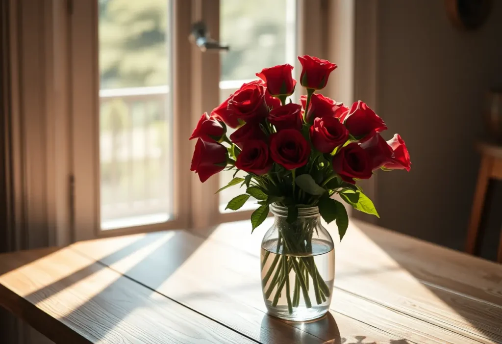 Un vase rempli de roses rouges sur une table en bois, lumière douce