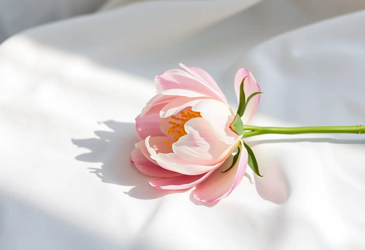 Une pivoine posée sur un linge blanc, éclairée par une lumière tamisée