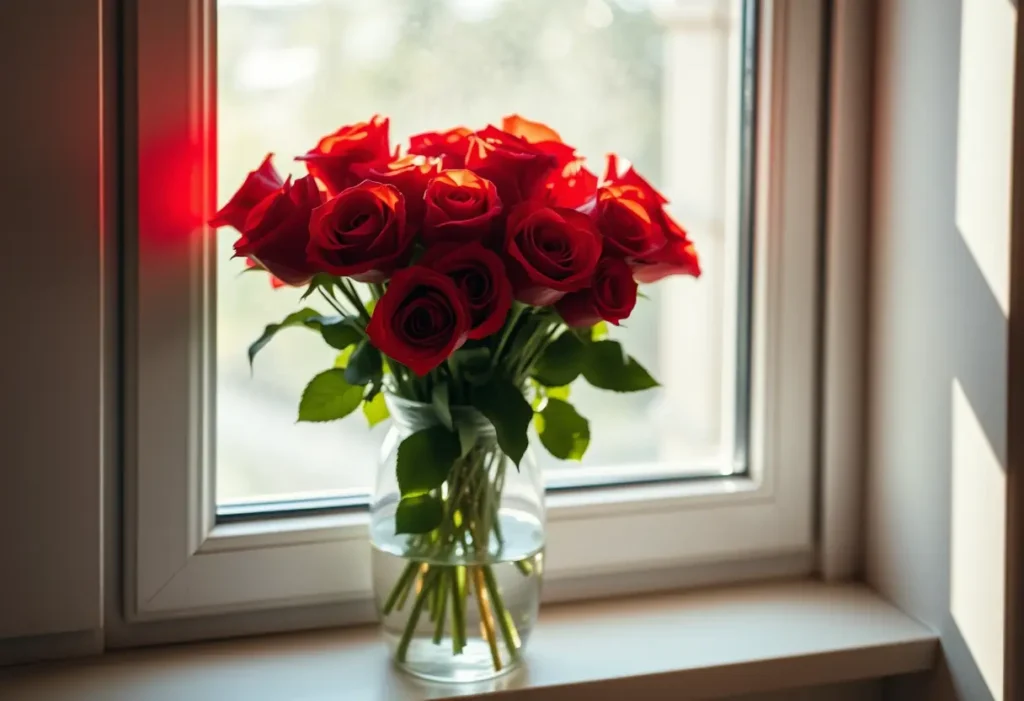 Un vase rempli de roses rouges sur un rebord de fenêtre baigné de lumière naturelle