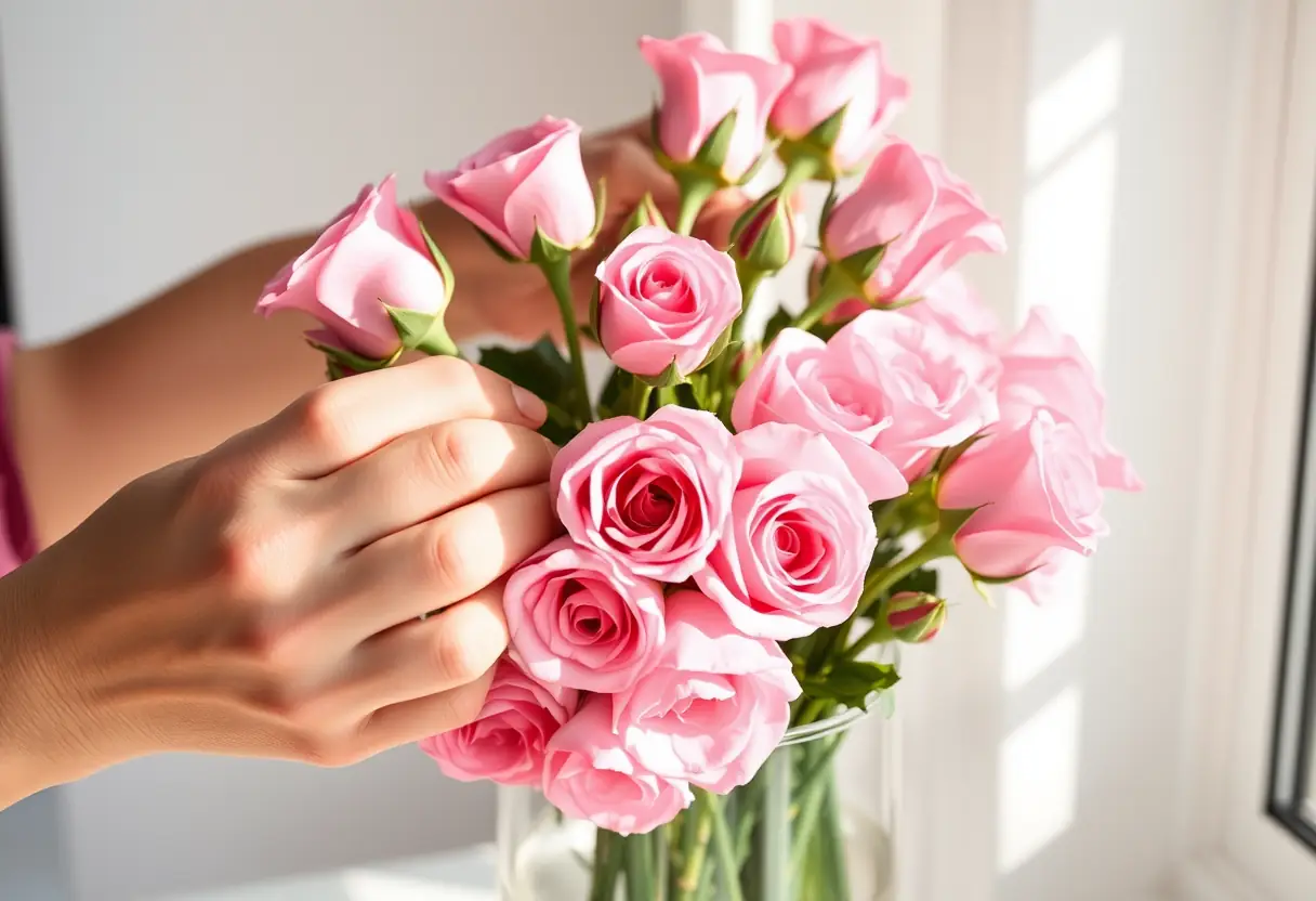 Une main féminine arrange délicatement une grappe de roses roses dans un récipient en verre clair