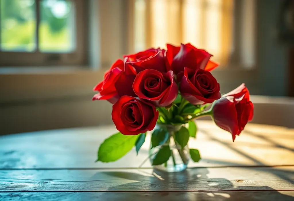 Un bouquet de roses rouges sur une table en bois, éclairé par la lumière du soleil filtrant à travers une fenêtre