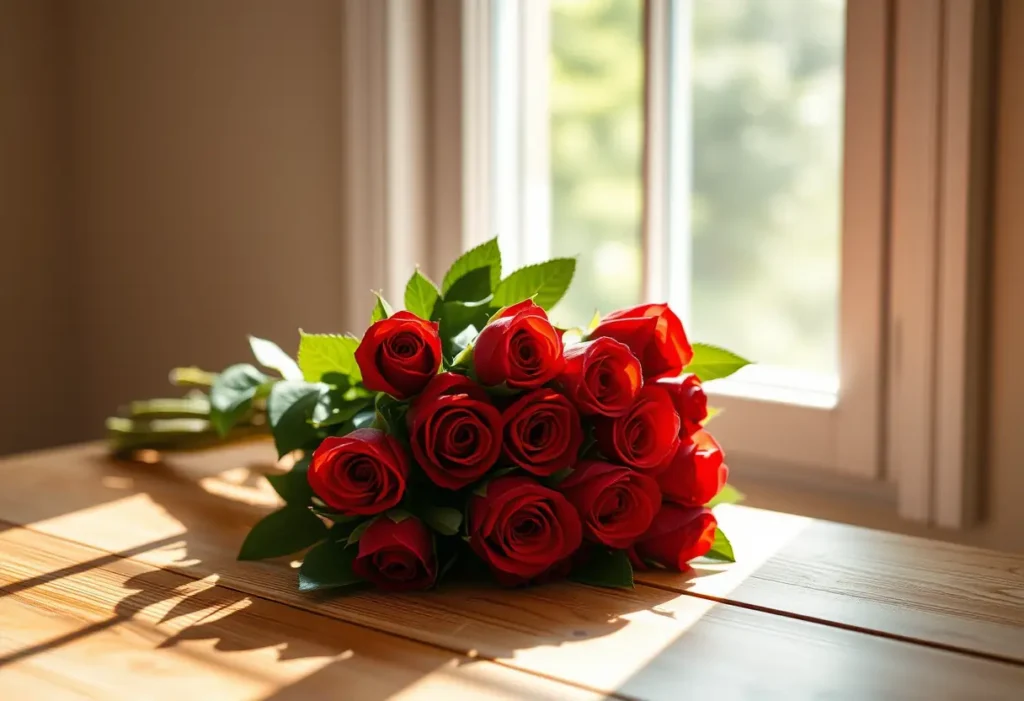 Bouquet de roses rouges sur une table en bois, éclairées par une lumière naturelle douce
