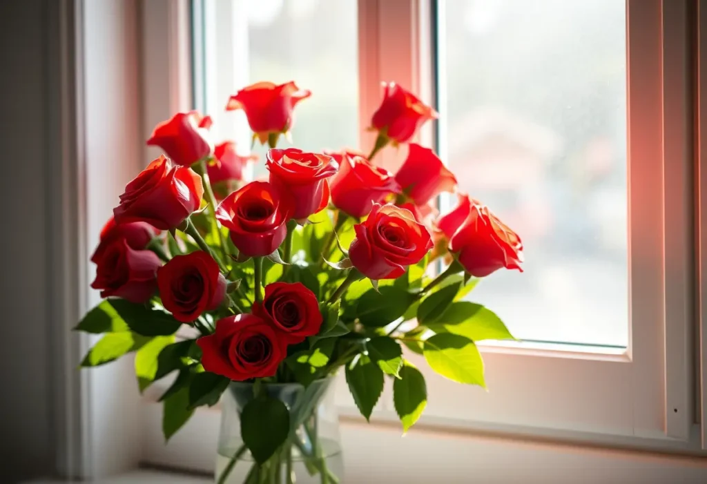 Un vase rempli de roses rouges sur un rebord de fenêtre baigné de lumière naturelle