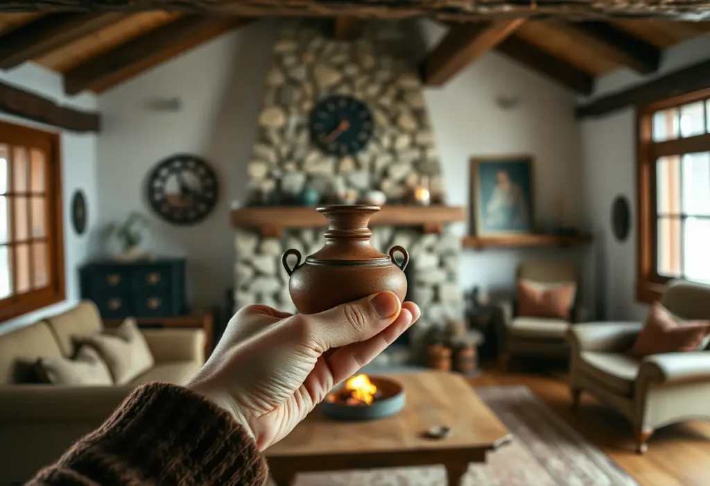 Une main tenant une lampe à huile en argile dans un salon rustique avec poutres en bois et cheminée en pierre