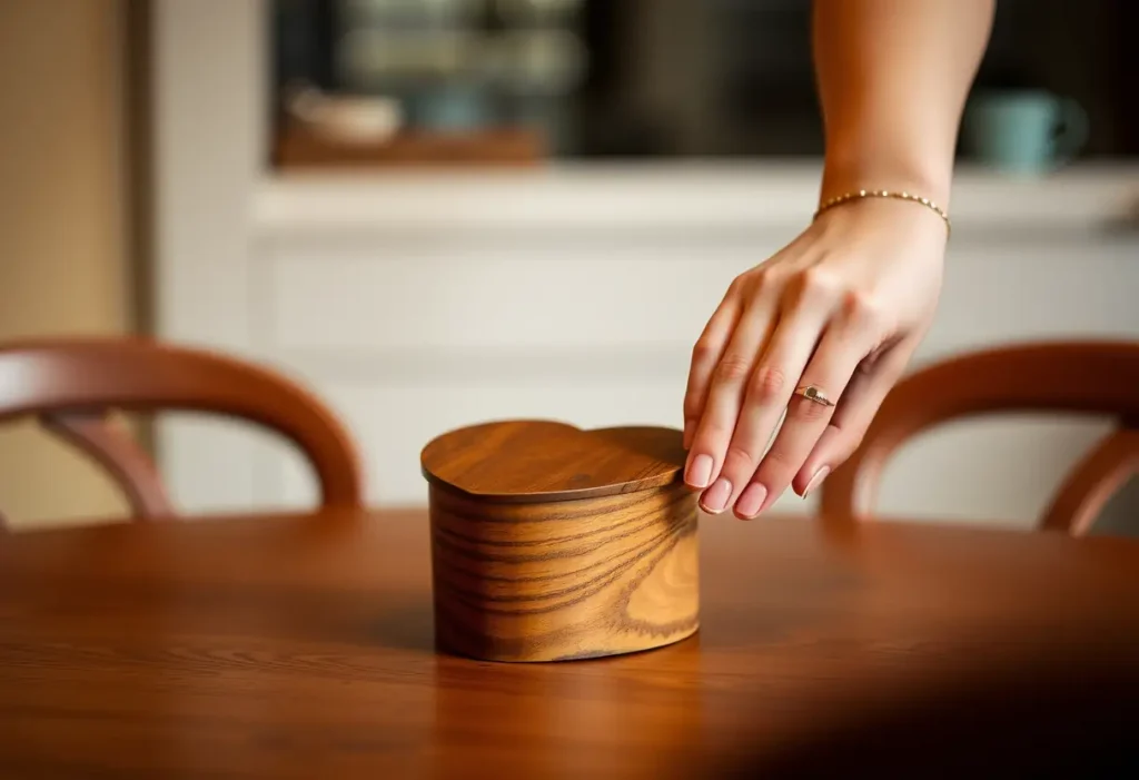 Une main posant une boîte en forme de cœur sur une table
