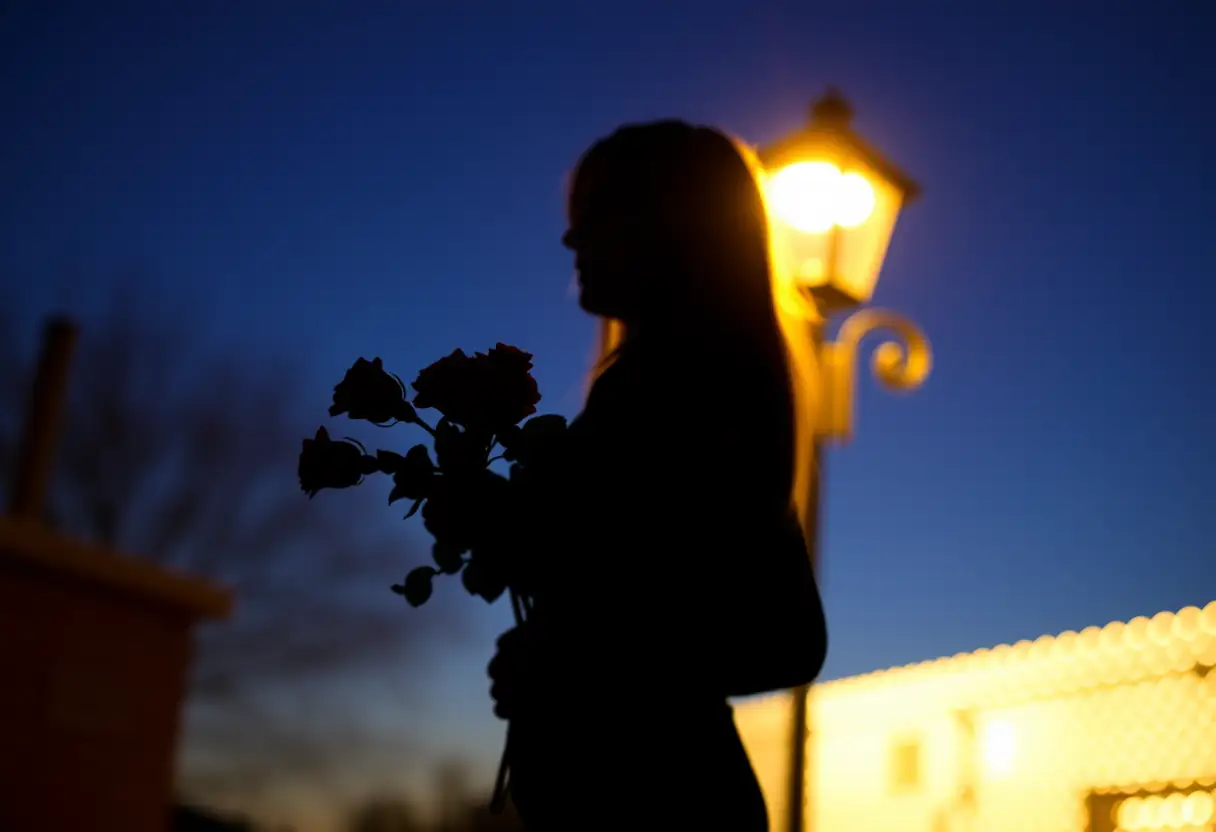 Un silhouetté tenant une gerbe de roses rouges au crépuscule
