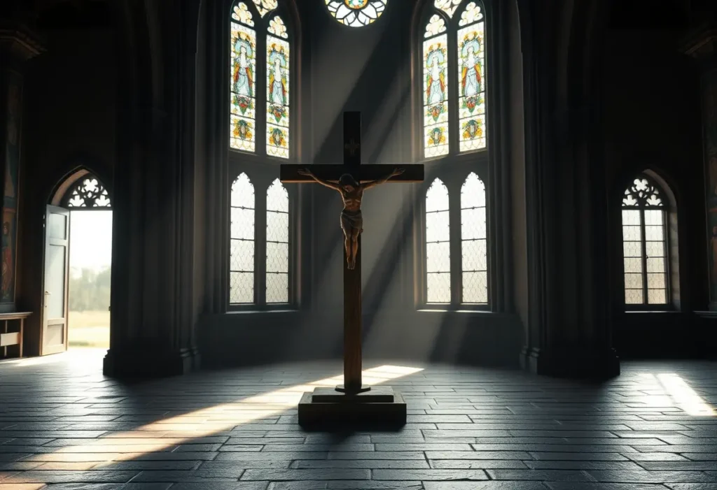 Croix de bois dans une église sombre