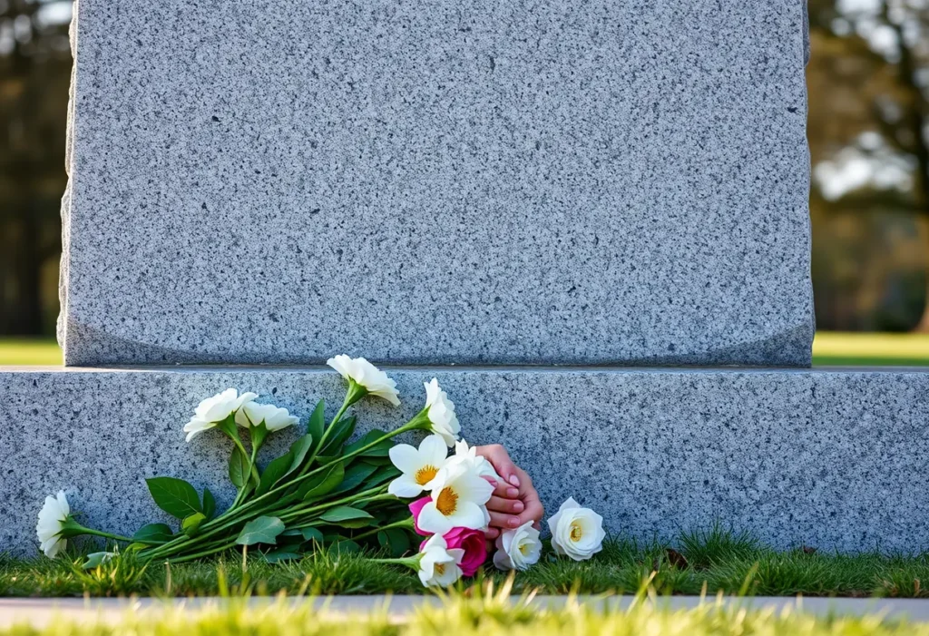 Des mains posant des fleurs à la base d'un monument en pierre, la douce lumière du matin met en valeur la scène.