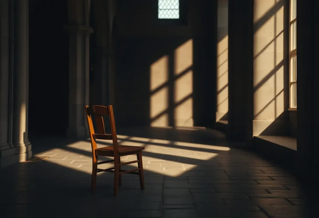 Chaise en bois dans une église, symbolisant la solitude et le repos, lumière naturelle