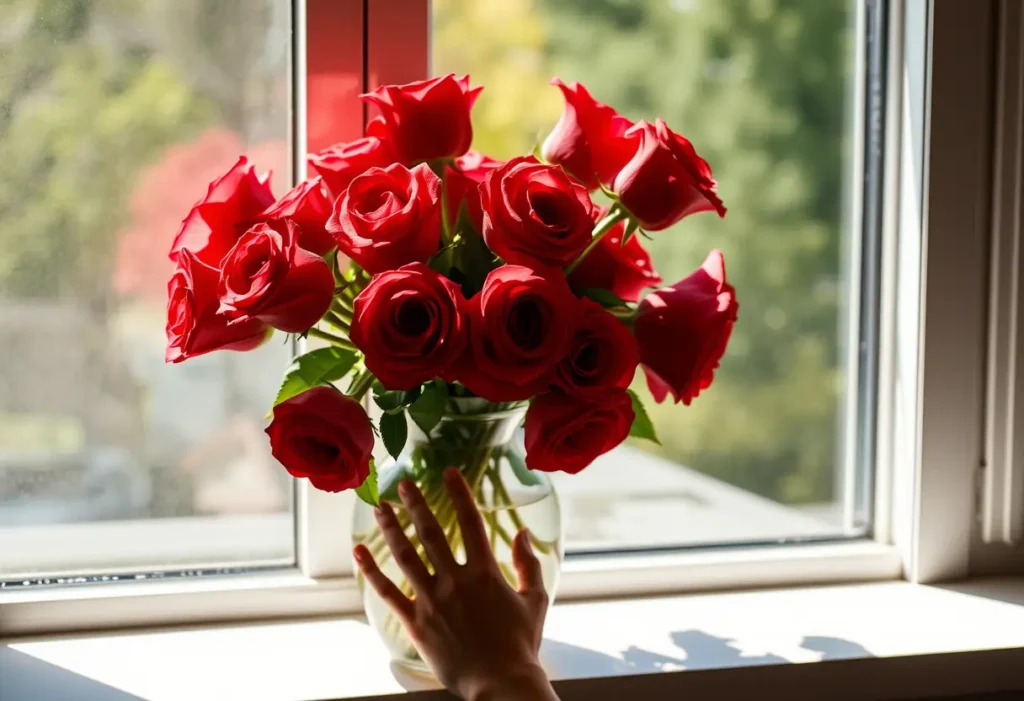 Un vase de roses rouges sur un rebord de fenêtre éclairé par la lumière du jour