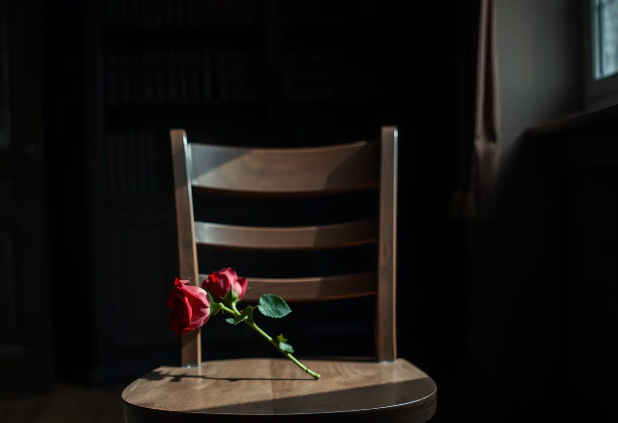 Un fauteuil en bois dans une étude calme, avec une rose rouge nichée dans le dossier du siège