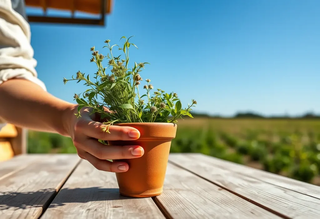 Main tenant une petite pot en argile rempli d'herbes sur une table dehors, ciel bleu clair