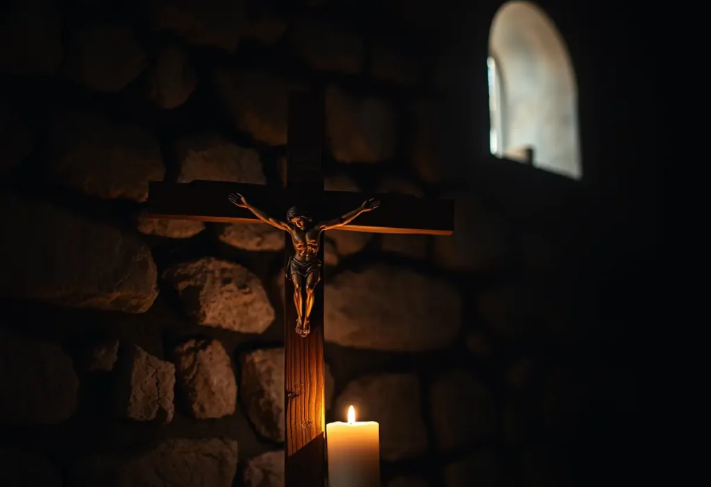 Croix en bois contre un mur de pierre, symbole de foi et de sacrifice